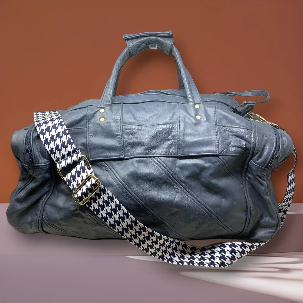 Vintage Leather Duffle Bag Blue Gray Made in Mexico Weekender Carry On Travel